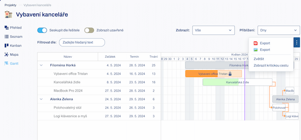 Menu pro export Ganttova diagramu